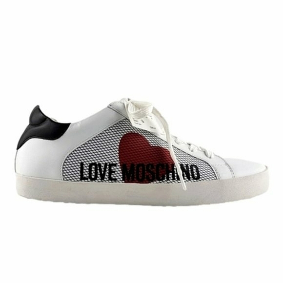 Love Moschino Women's White Black Leather Low Top Sneakers Logo Heart Sz 10/ 41 - Picture 2 of 16